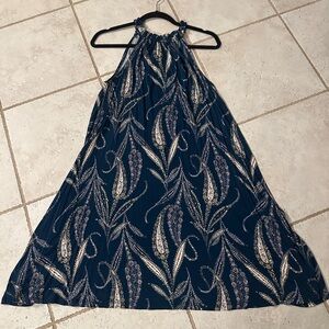 Navy Blue Halter Dress with Leaf Pattern
